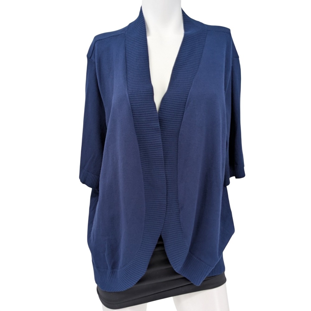 Avenue Navy Knit Cardigan Short Sleeve Open Front Minimalist Coastal Plus 26/28
